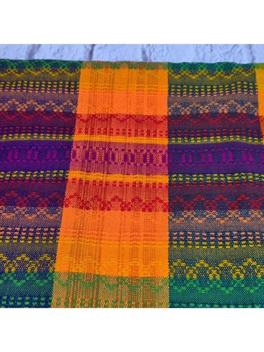 Vtg Rainbow Handwoven Plaid Throw Blanket Fringe Vibrant Multicolor Stripe 65x58